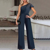 Einfarbiger, trägerloser Jumpsuit mit diagonalem Kragen und hoher Taille